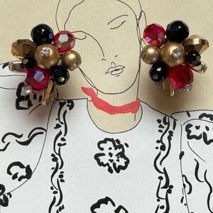 VINTAGE VENDOME Earrings Clip Cluster Crystal Rhinestone Beaded Red Black Gold